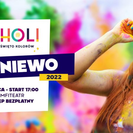 Plakat zapraszający do Braniewa na Holi Święto Kolorów Braniewo 2022.