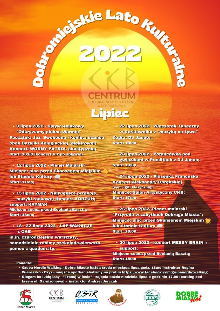 Plakat - kalendarium wydarzeń w lipcu Dobromiejskiego Lata 2022.  
