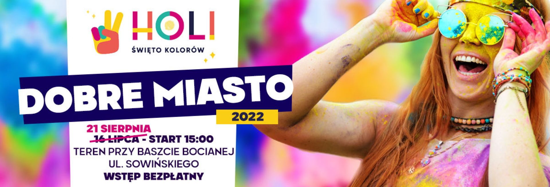 Plakat zapraszający do Dobrego Miasta na Holi Święto Kolorów Dobre Miasto 2022.