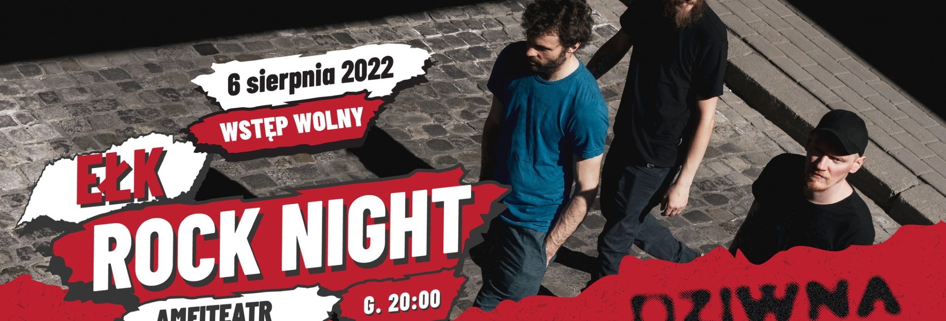 Plakat zapraszający do Ełku na coroczną imprezę muzyczną Ełk Rock Night 2022.
