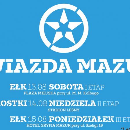 Plakat zapraszający do Ełku na cykliczną imprezę sportową Mazovia MTB Marathon Rowerowy Gwiazda Mazur Ełk 2022.