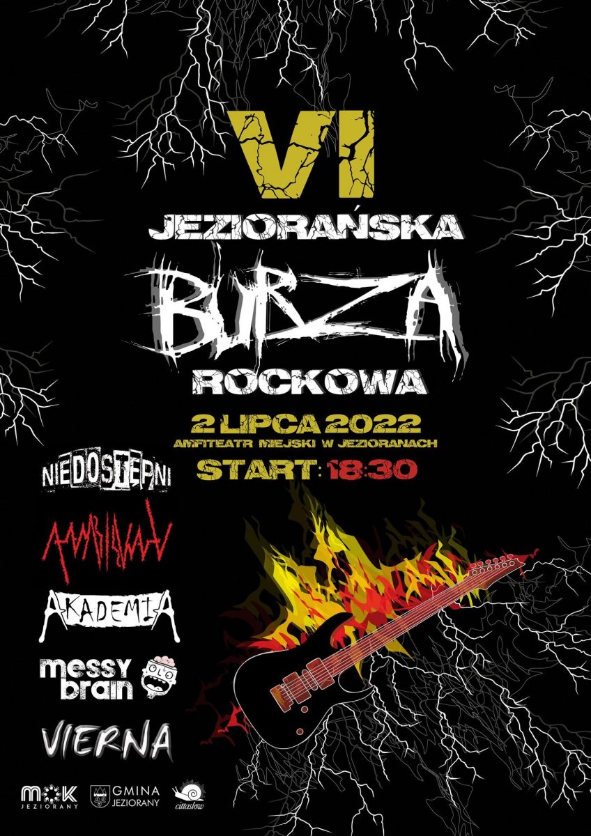 Plakat zapraszający do Jezioran na 6. edycję koncertu Jeziorańska Burza Rockowa Jeziorany 2022.