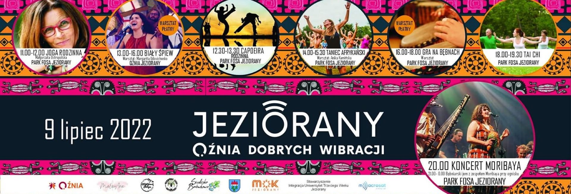 Plakat zapraszający do Jezioran na Qźnia Dobrych Wibracji - Warmiński TARG Artystyczny w Jezioranach 2022.