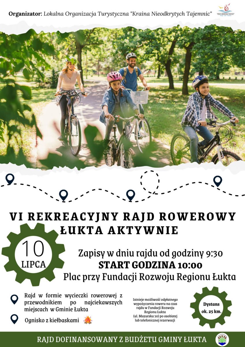 Plakat zapraszający do miejscowości Łukta w powiecie ostródzkim na Rekreacyjny Rajd Rowerowy Łukta Aktywnie 2022. 