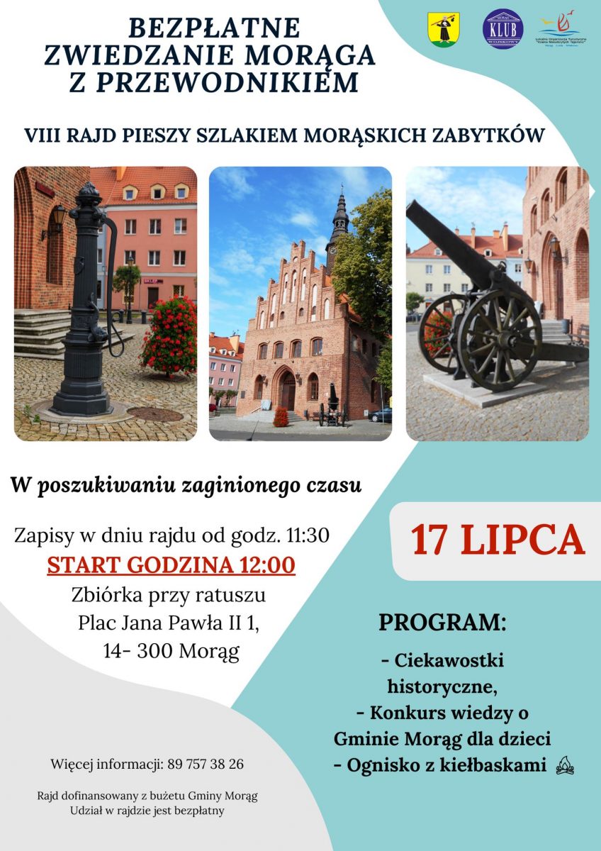 Plakat zapraszający do Morąga na 7. edycję Rajdu Pieszego "Szlakiem Morąskich Zabytków" 2022 - zwiedzanie z przewodnikiem.