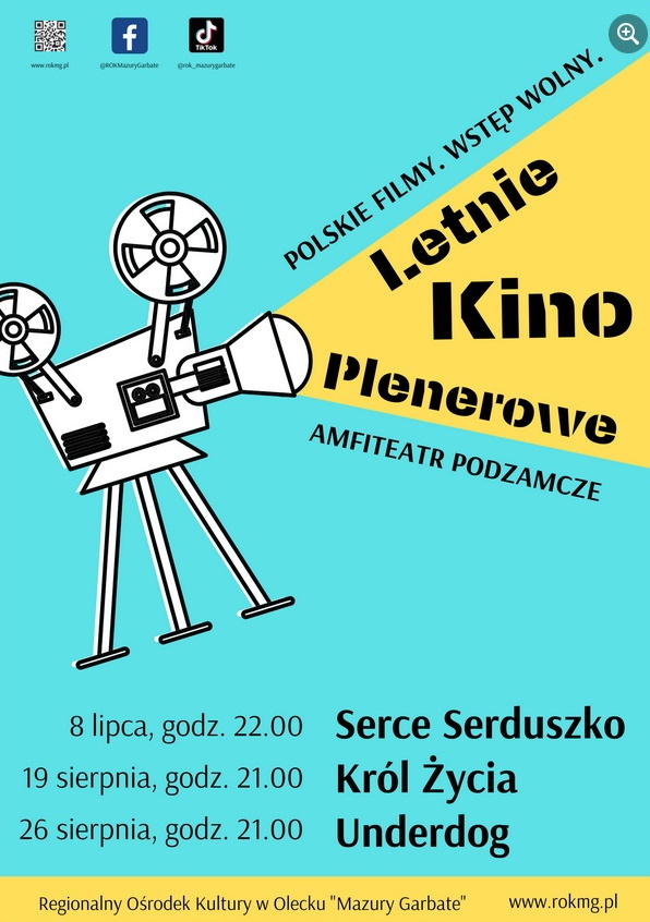 Plakat zapraszający do Olecka na Letnie Kino Plenerowe Olecko 2022.