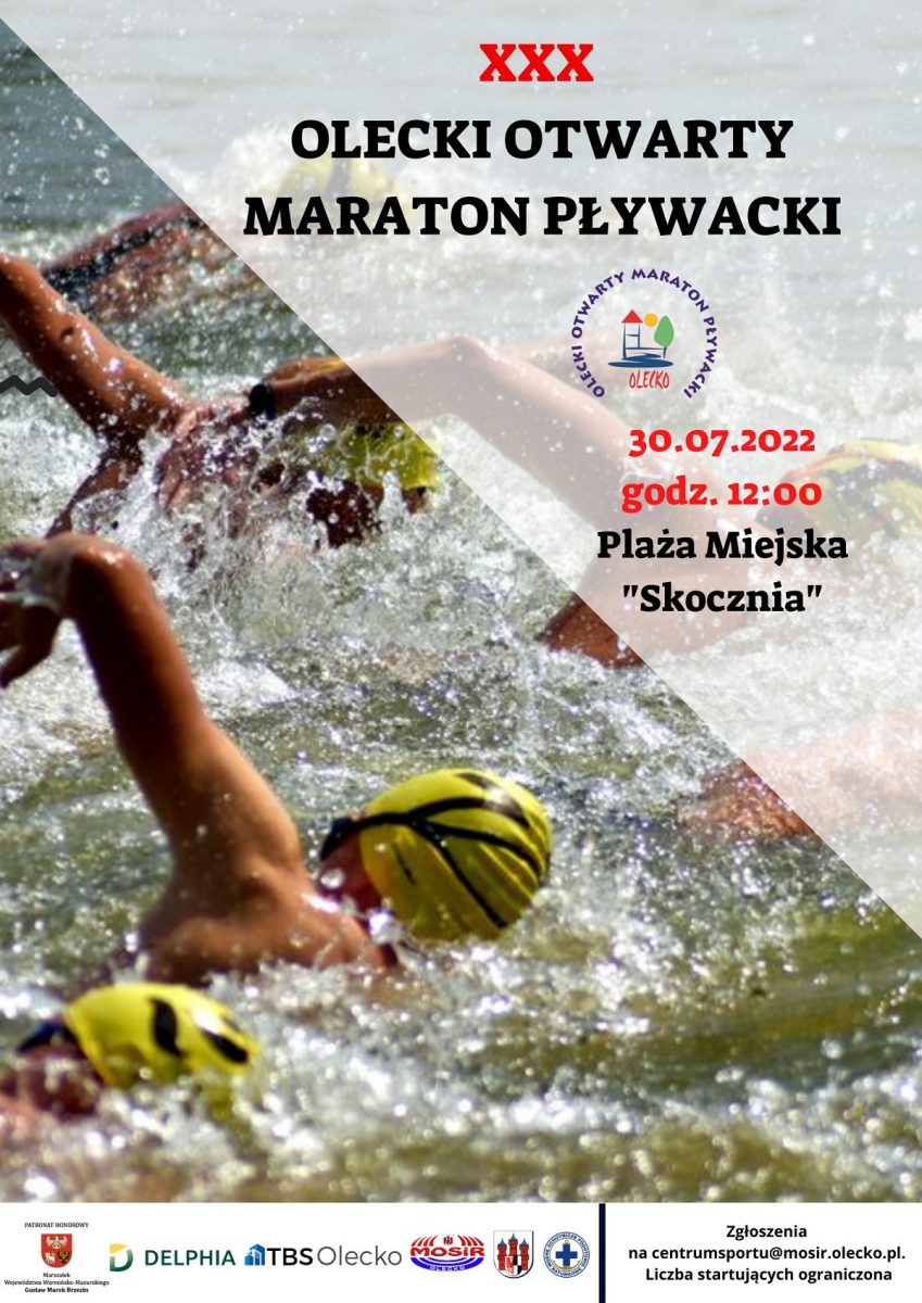 Plakat zapraszający do Olecka na 30. edycję Oleckiego Otwartego Maratonu Pływackiego Olecko 2022.