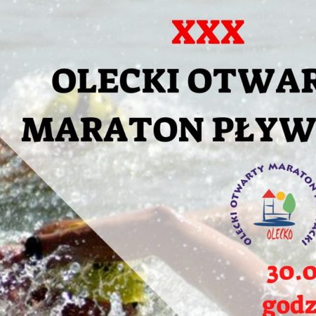 Plakat zapraszający do Olecka na 30. edycję Oleckiego Otwartego Maratonu Pływackiego Olecko 2022.