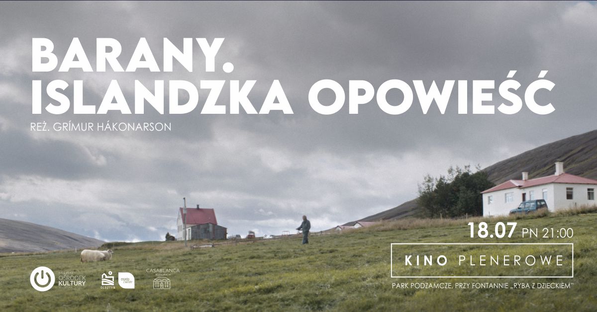Plakat graficzny zapraszający do Olsztyna na Kino Plenerowe Olsztyn 2022 – projekcję filmu "Barany. Islandzka opowieść".
