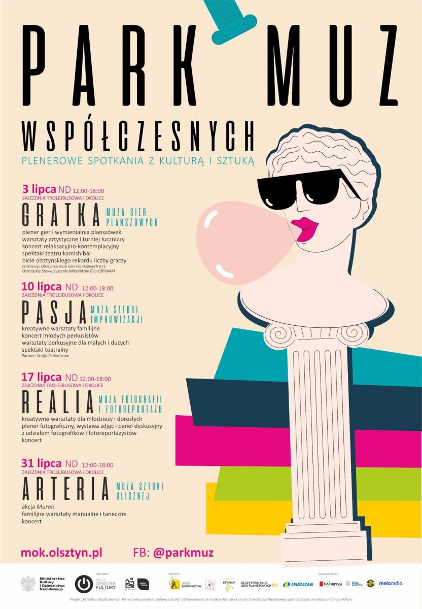 Plakat zapraszający do Olsztyna na plenerowe spotkania "Park Muz Współczesnych" Olsztyn 2022 - kalendarium imprez.
