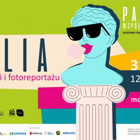 Plakat zapraszający do Olsztyna na plenerowe spotkania "Park Muz Współczesnych" Olsztyn 2022.