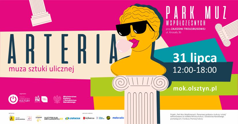 Plakat zapraszający do Olsztyna na plenerowe spotkania „Park Muz Współczesnych” Olsztyn 2022.