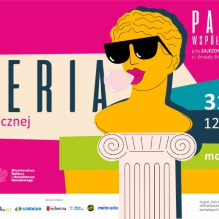 Plakat zapraszający do Olsztyna na plenerowe spotkania „Park Muz Współczesnych” Olsztyn 2022.