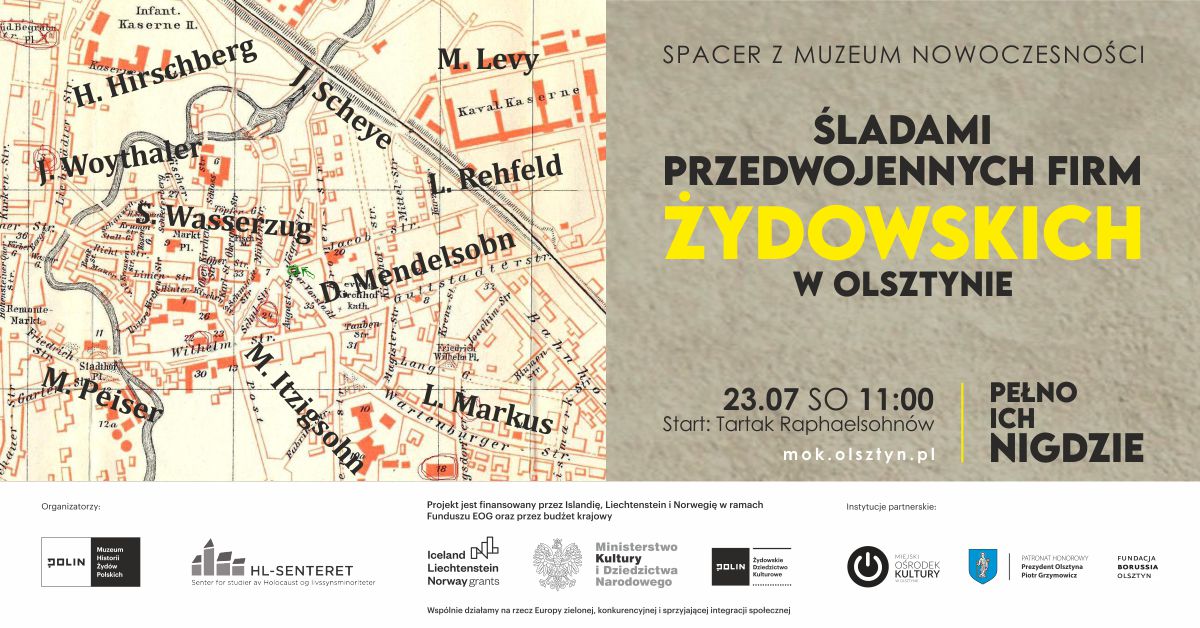 Plakat zapraszający do Olsztyna na spacer z przewodnikiem: śladami przedwojennych firm żydowskich w Olsztynie 2022. 