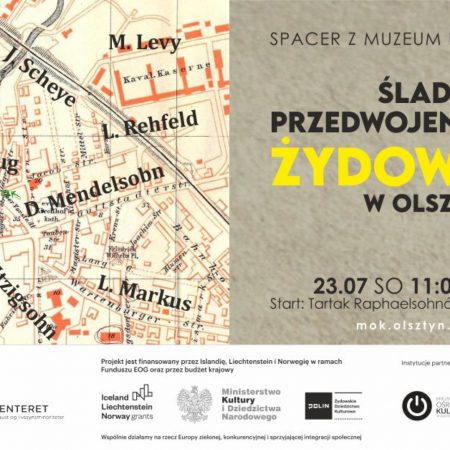 Plakat zapraszający do Olsztyna na spacer z przewodnikiem: śladami przedwojennych firm żydowskich w Olsztynie 2022. 
