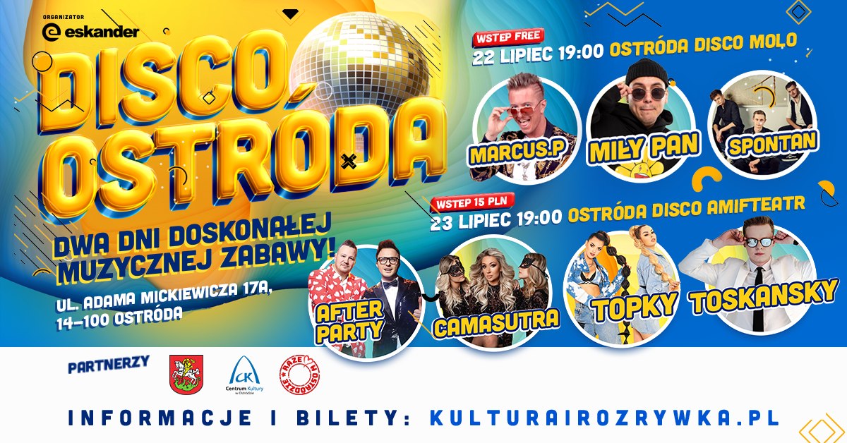 Plakat zapraszający na do Ostródy na Disco Ostróda 2022.  