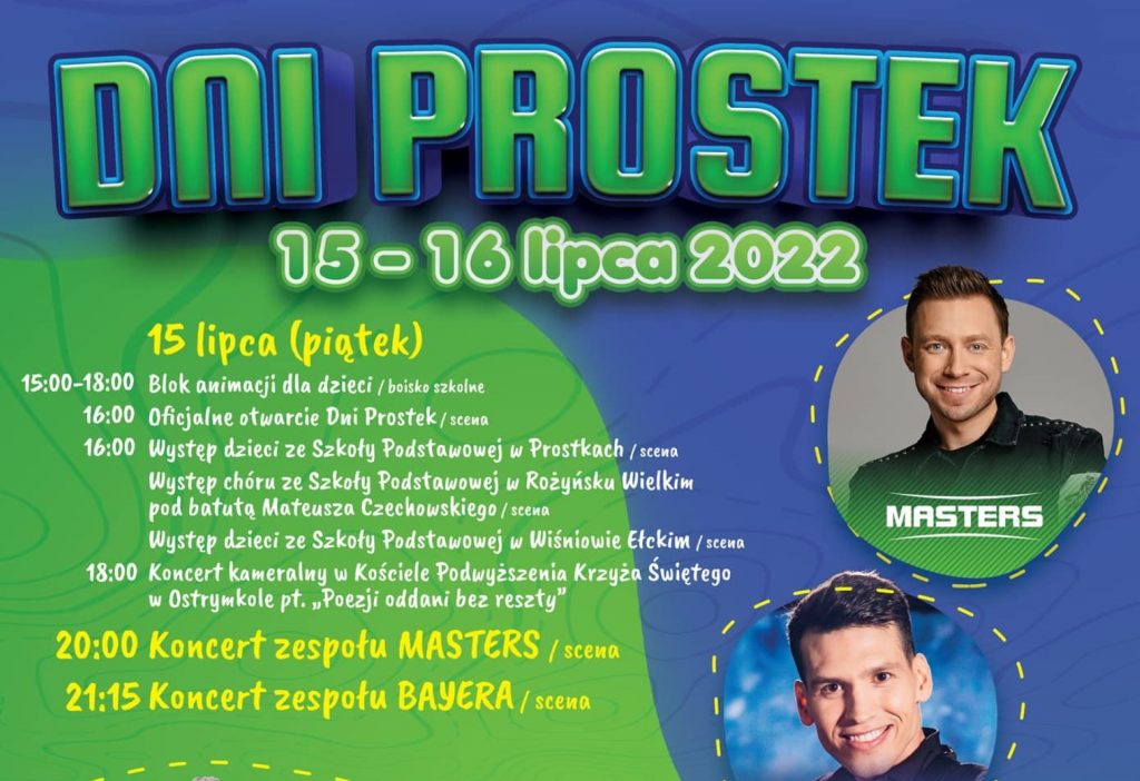 Plakat zapraszający do miejscowości Prostki w powiecie ełckim na Dni Prostek 2022. 