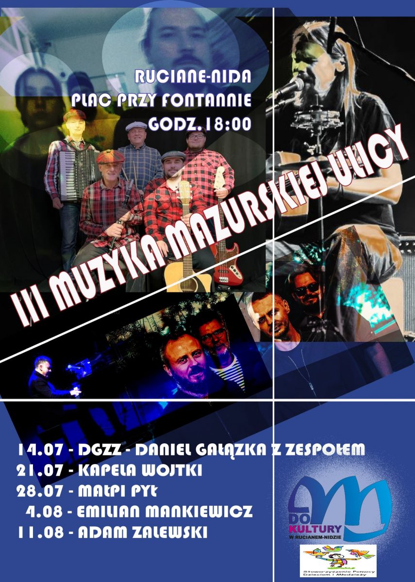 Plakat zapraszający do Rucianego-Nidy na 3. edycję Muzyki Mazurskiej Ulicy Ruciane Nida 2022.