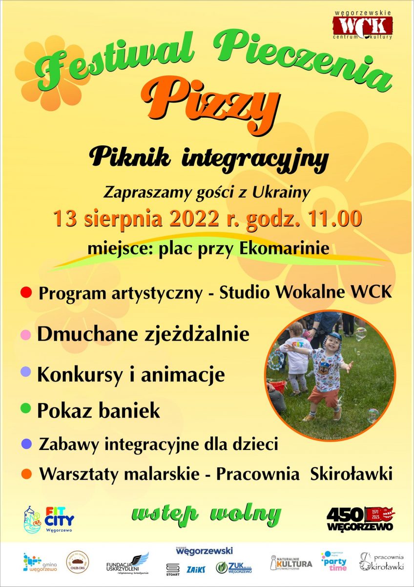 Plakat zapraszający do Węgorzewa na Festiwal Pieczenia PIZZY - Piknik Integracyjny Węgorzewo 2022.