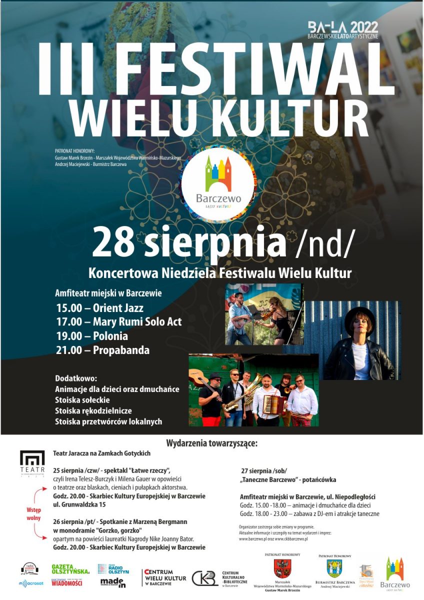 Plakat zapraszający do Barczewa na Festiwal Wielu Kultur Barczewo 2022.