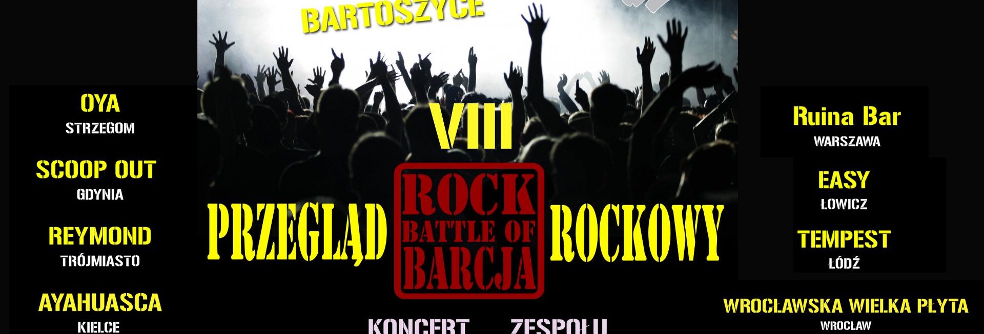 Plakat zapraszający do Bartoszyc na 8. edycję Ogólnopolskiego Przeglądu Rockowego - "Rock Battle of Barcja" Bartoszyce 2022.