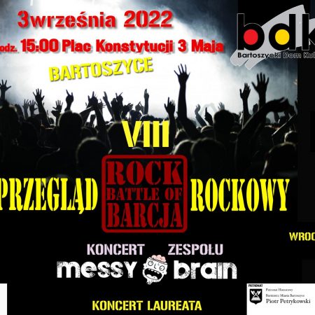 Plakat zapraszający do Bartoszyc na 8. edycję Ogólnopolskiego Przeglądu Rockowego - "Rock Battle of Barcja" Bartoszyce 2022.