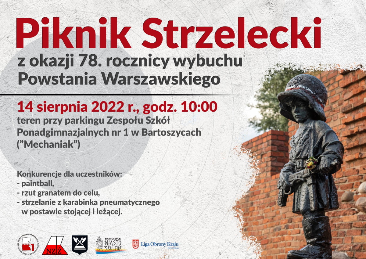 Plakat zapraszający do Bartoszyc na Piknik Strzelecki Bartoszyce 2022.