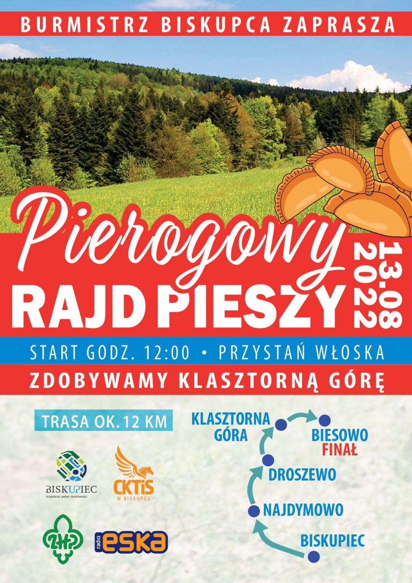 Plakat zapraszający do Biskupca na Pierogowy Rajd Pieszy Biskupiec 2022.