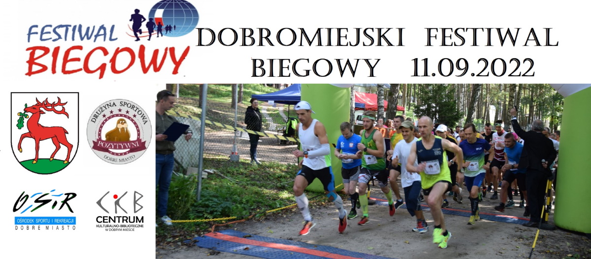 Plakat zapraszający do Dobrego Miasta na Dobromiejski Festiwal Biegowy 2022.