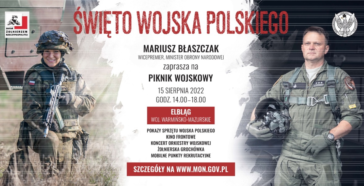 Plakat zapraszający do Elbląga na Weekend z Wojskiem – Piknik „Zostań Żołnierzem RP” Elbląg 2022.