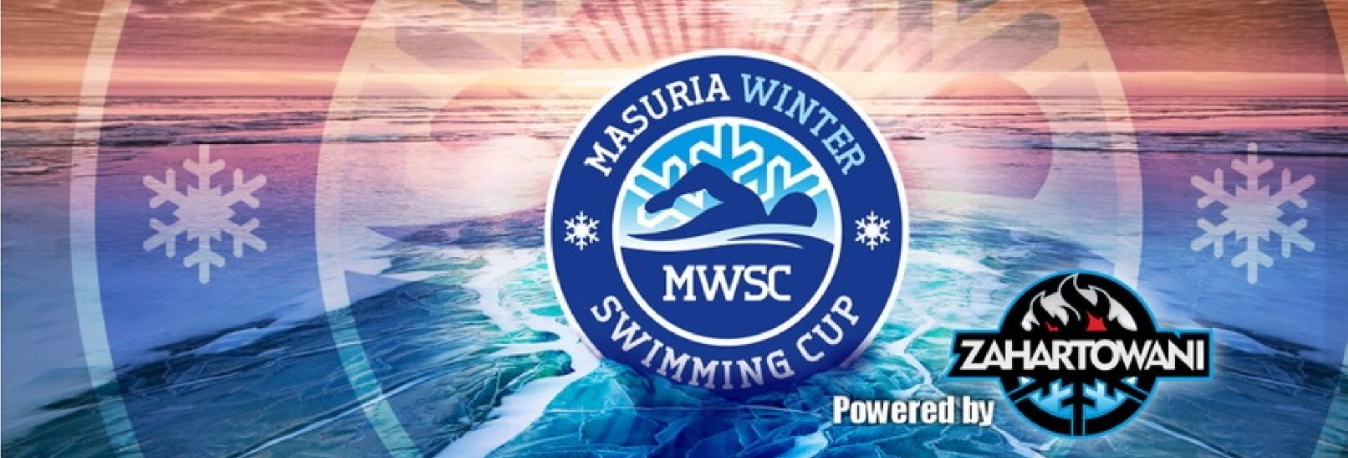 Plakat zapraszający do Ełku na Mistrzostw Mazur w Pływaniu Zimowym „MASURIA WINTER SWIMMING CUP Ełk. 