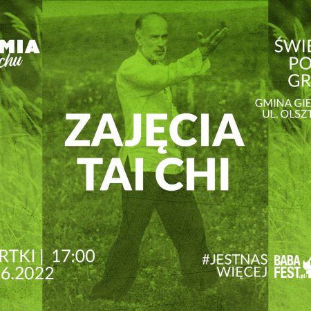 Plakat zapraszający do miejscowości Gronity w gminie Gietrzwałd na zajęcia BabaFest JESTEM W RUCHU - Gimnastyka TAI CHI.