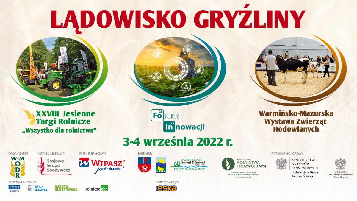 Plakat zapraszający do miejscowości Gryźliny w gminie Stawiguda na 28. edycję Jesiennych Targów Rolniczych „Wszystko dla rolnictwa” Gryźliny 2022.