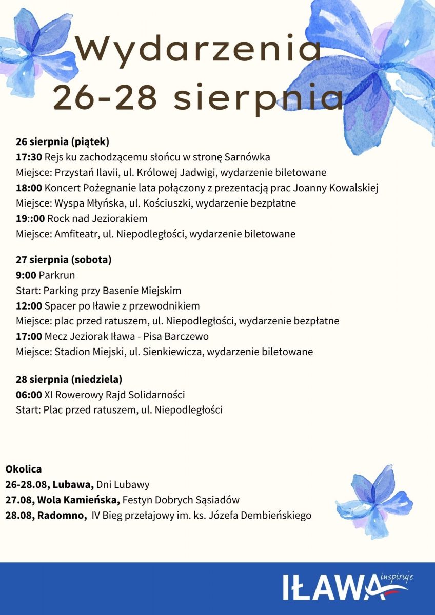 Kalendarium wydarzeń w Iławie i okolicach w dniach 26-28 sierpnia.