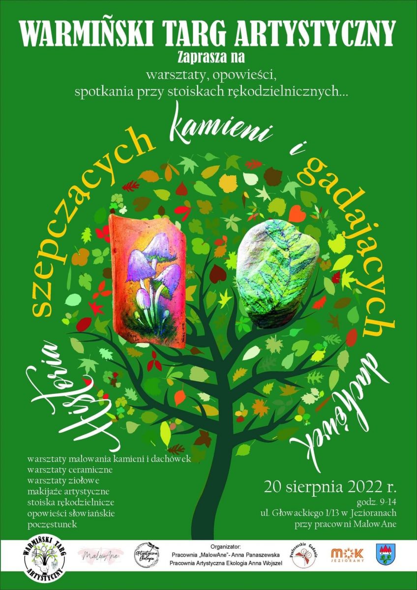 Plakat zapraszający do Jezioran na Warmiński Targ Artystyczny Jeziorany 2022.