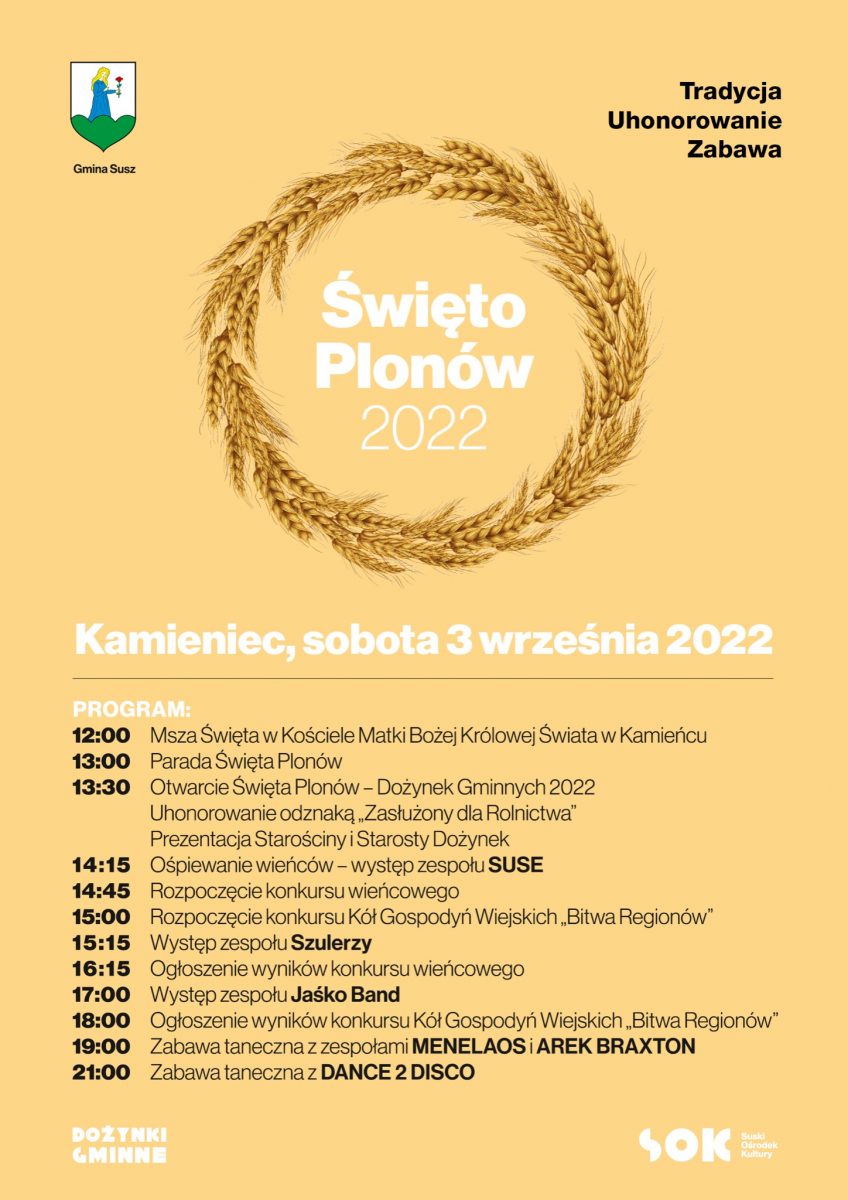 Plakat zapraszający do miejscowości Kamieniec w gminie Susz na Święto Plonów Kamieniec 2022.