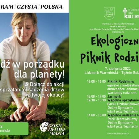 Plakat zapraszający do Lidzbarka Warmińskiego na Ekologiczny Piknik Rodzinny Lidzbark Warmiński 2022.