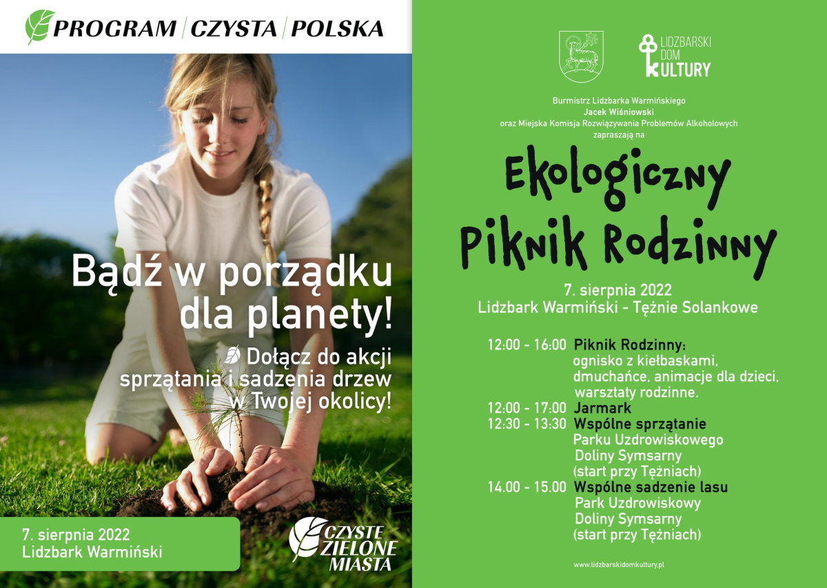 Plakat zapraszający do Lidzbarka Warmińskiego na Ekologiczny Piknik Rodzinny Lidzbark Warmiński 2022.