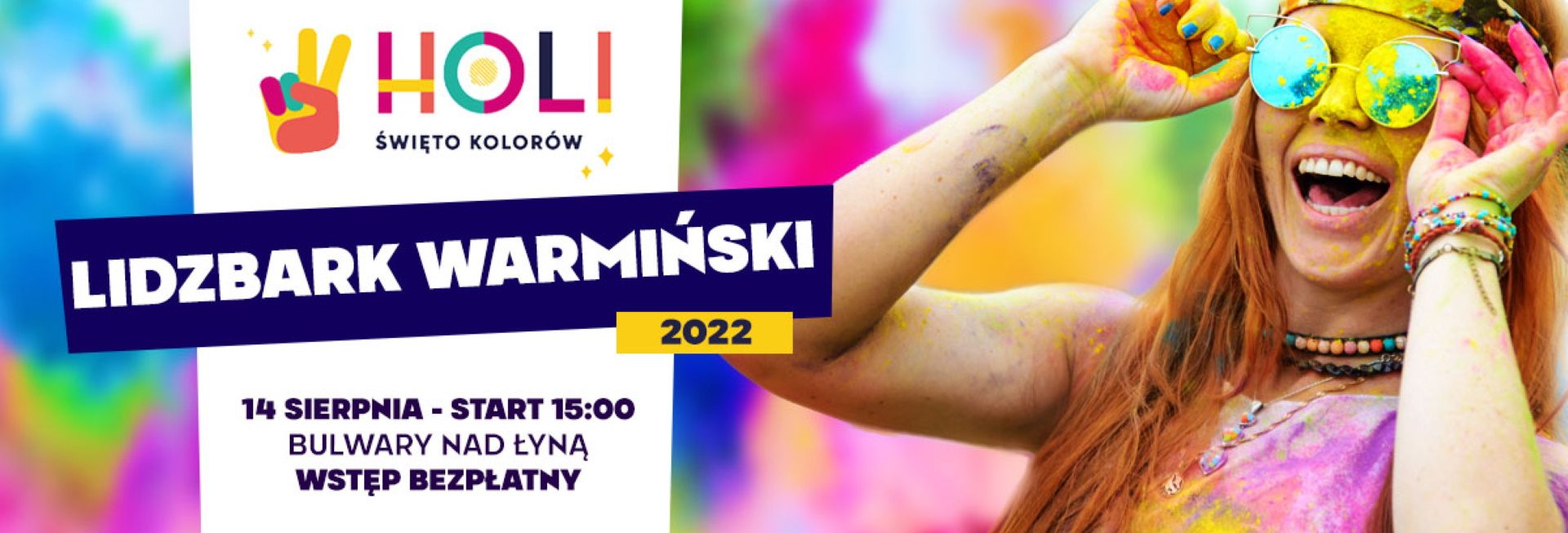 Plakat zapraszający do Lidzbarka Warmińskiego na Holi Święto Kolorów Lidzbark Warmiński 2022.