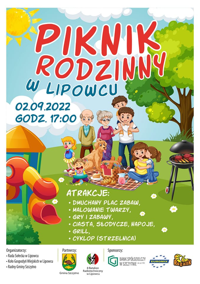 Plakat zapraszający do miejscowości Lipowiec w gminie Szczytno na Rodzinny Piknik w Lipowcu 2022.