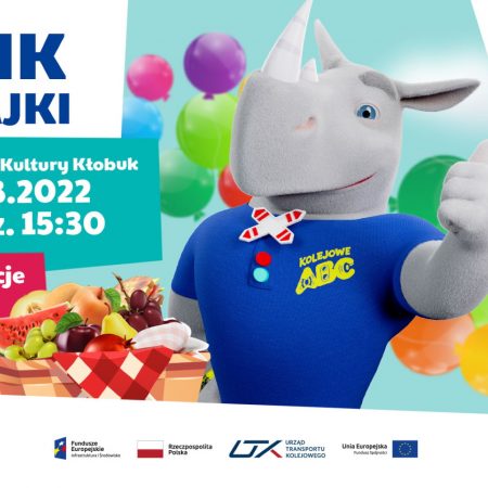 Plakat zapraszający do Mikołajek na Piknik Rodzinny - Mikołajki 2022 ,,Bezpieczeństwa uczę się z Kolejowym ABC!".
