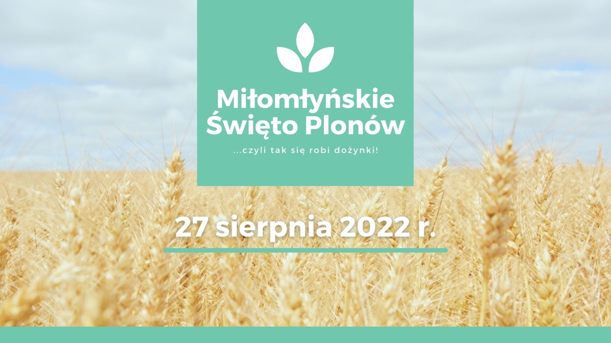 Plakat zapraszający do Miłomłyna na Dożynki Gminne Miłomłyńskie Święto Plonów Miłomłyn 2022. 