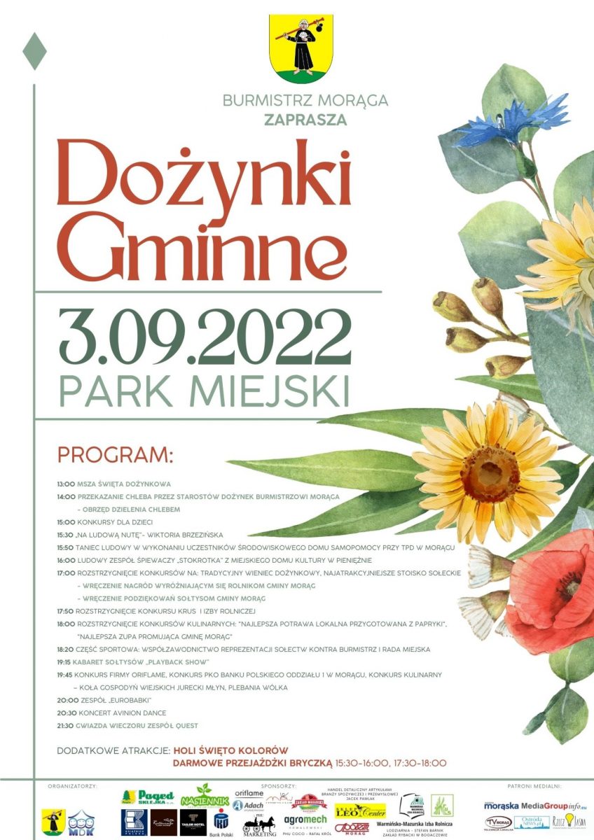 Plakat zapraszający do Morąga na Dożynki Gminne Morąg 2022.