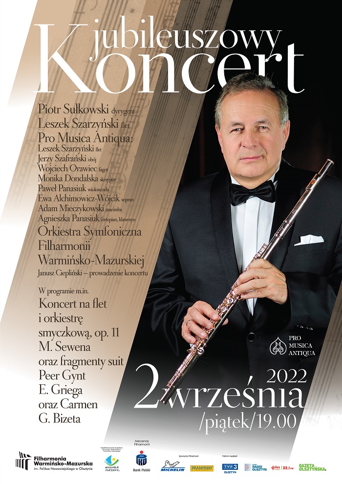 Plakat zapraszający do Olsztyna na koncert jubileuszowy Filharmonia Olsztyn 2022. 
