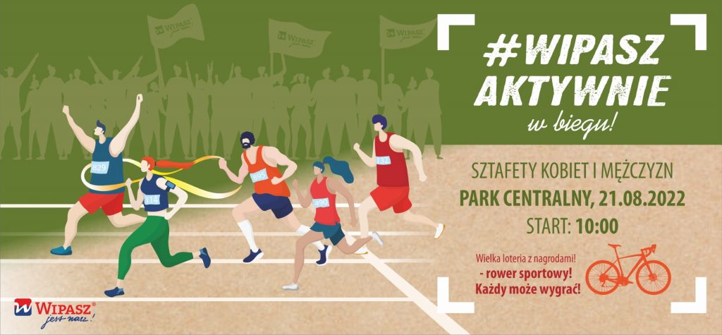 Plakat zapraszający do Olsztyna na WIPASZ AKTYWNIE w biegu! Bieg Sztafetowy Olsztyn 2022.