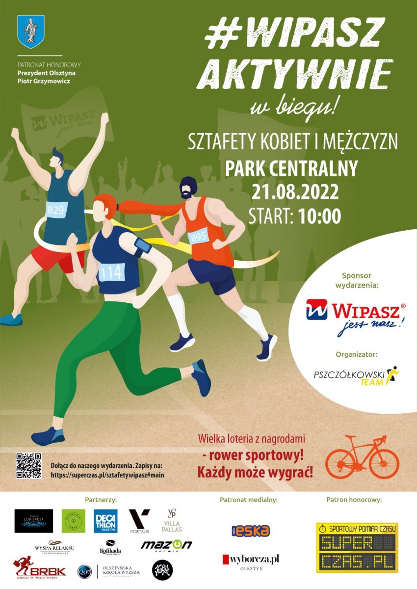 Plakat zapraszający do Olsztyna na WIPASZ AKTYWNIE w biegu! Bieg Sztafetowy Olsztyn 2022.