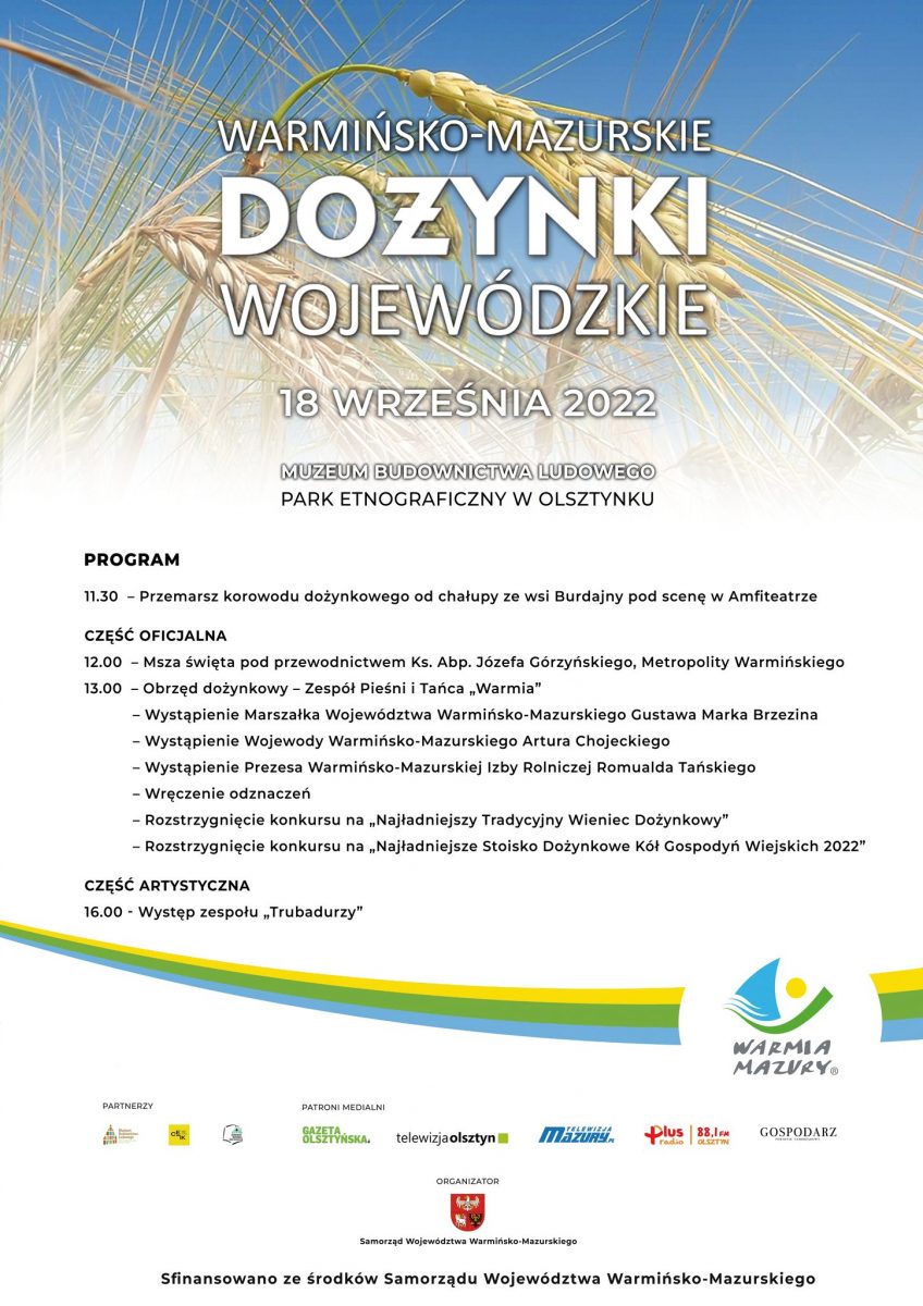 Plakat zapraszający na Warmińsko-Mazurskie Dożynki Wojewódzkie w Skansenie w Olsztynku 2022.