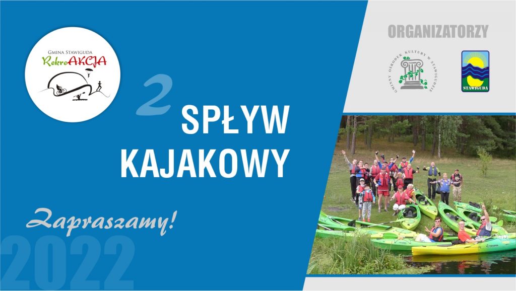 Plakat zapraszający do miejscowości Pluski w gminie Stawiguda na drugi spływ kajakowy rzeką Marózką Pluski 2022.
