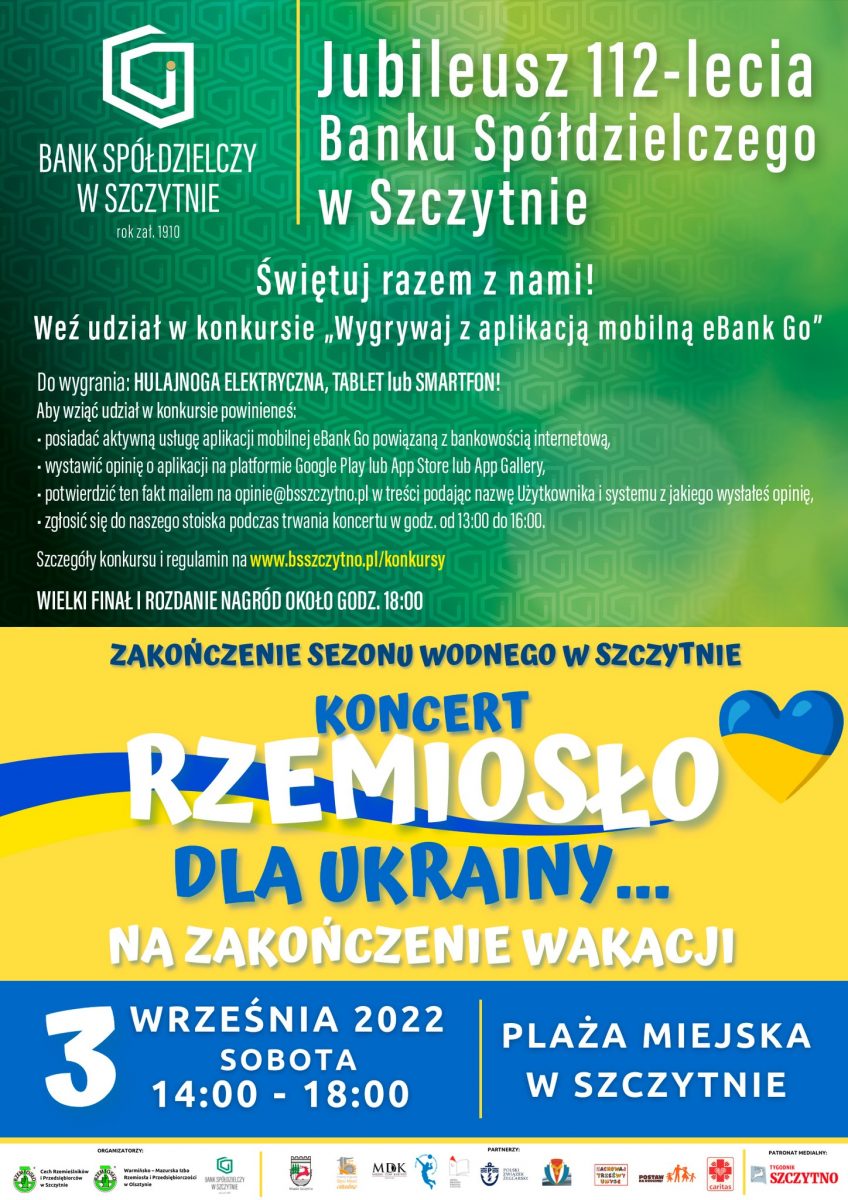 Plakat zapraszający do Szczytna na koncert "Rzemiosło dla Ukrainy… na zakończenie wakacji” Szczytno 2022.