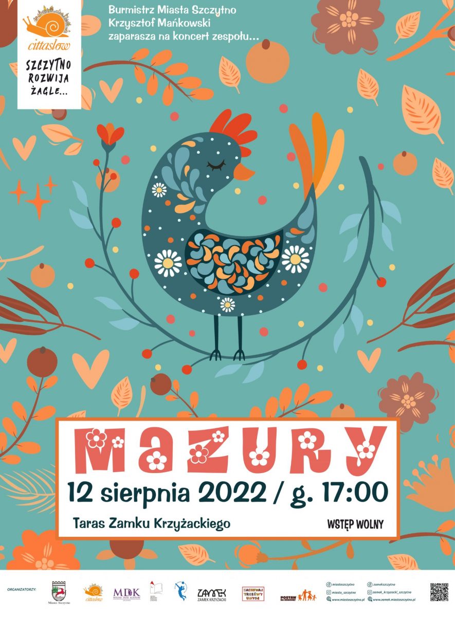 Plakat zapraszający do Szczytna na koncert zespołu Mazury Szczytno 2022.